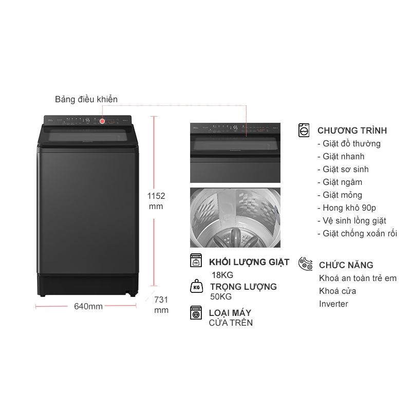 Kích thước máy Giặt Panasonic Inverter 18 Kg NA-FD180W3BV cửa trên Kích thước máy Giặt Panasonic Inverter 18 Kg NA-FD180W3BV cửa trên