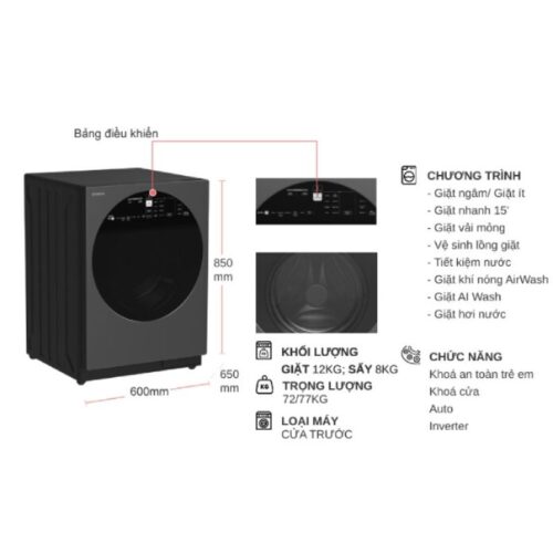 Máy Giặt Sấy Hitachi Inverter Giặt 12 Kg - Sấy 8 Kg BD-D120XGV MAG 4 Kích thước máy Giặt Sấy Hitachi Inverter Giặt 12 Kg - Sấy 8 Kg BD-D120XGV MAG