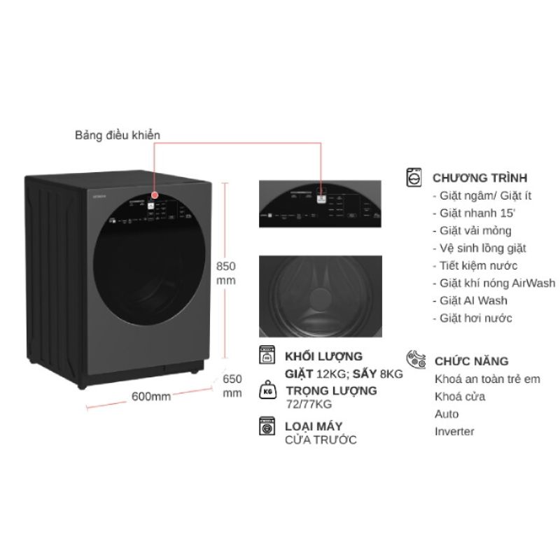Kích thước máy Giặt Sấy Hitachi Inverter Giặt 12 Kg - Sấy 8 Kg BD-D120XGV MAG Kích thước máy Giặt Sấy Hitachi Inverter Giặt 12 Kg - Sấy 8 Kg BD-D120XGV MAG