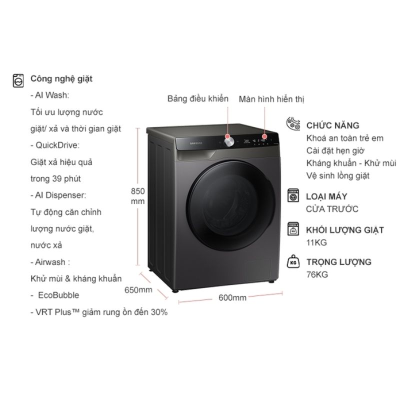 Kích thước máy Giặt Sấy Samsung Inverter AI Giặt 11 Kg - Sấy 7 Kg WD11T734DBX/SV Kích thước máy Giặt Sấy Samsung Inverter AI Giặt 11 Kg - Sấy 7 Kg WD11T734DBX/SV