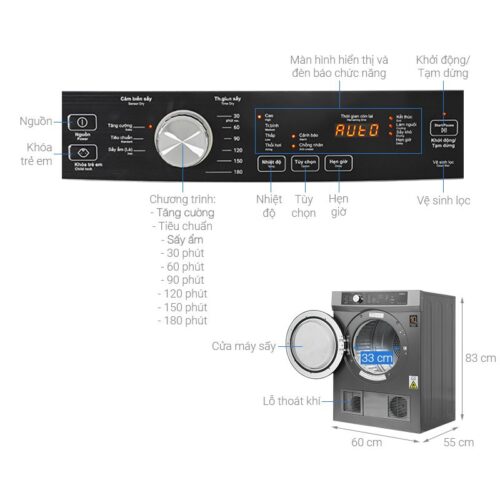 Máy Sấy Thông Hơi Aqua 8 Kg AQH-V800H.SS 4 Kích thước máy Sấy Thông Hơi Aqua 8 Kg AQH-V800H.SS