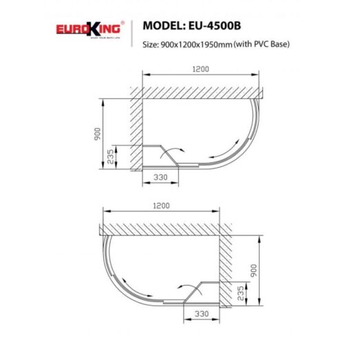Phòng tắm vách kính Euroking EU-4500B 4 Kích thước phòng tắm vách kính Euroking EU-4500B