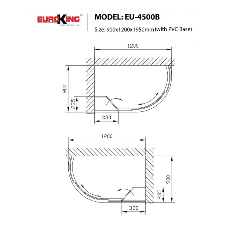 Kích thước phòng tắm vách kính Euroking EU-4500B Kích thước phòng tắm vách kính Euroking EU-4500B