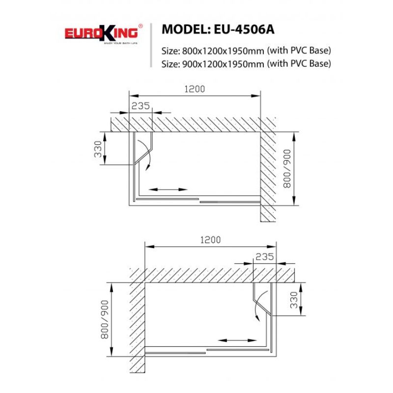 Kích thước phòng tắm vách kính Euroking EU-4506A 900mm Kích thước phòng tắm vách kính Euroking EU-4506A 900mm