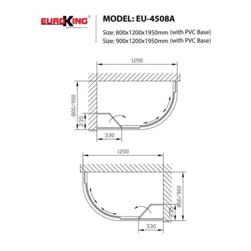 Phòng tắm vách kính Euroking EU-4508A 900mm 3 Kích thước phòng tắm vách kính Euroking EU-4508A 900mm