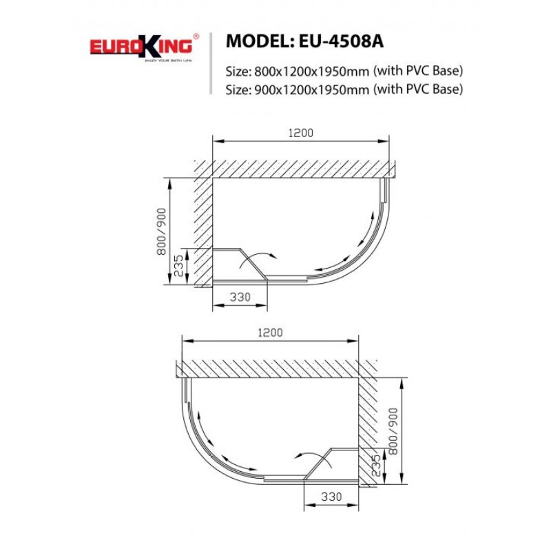 Kích thước phòng tắm vách kính Euroking EU-4508A 900mm Kích thước phòng tắm vách kính Euroking EU-4508A 900mm