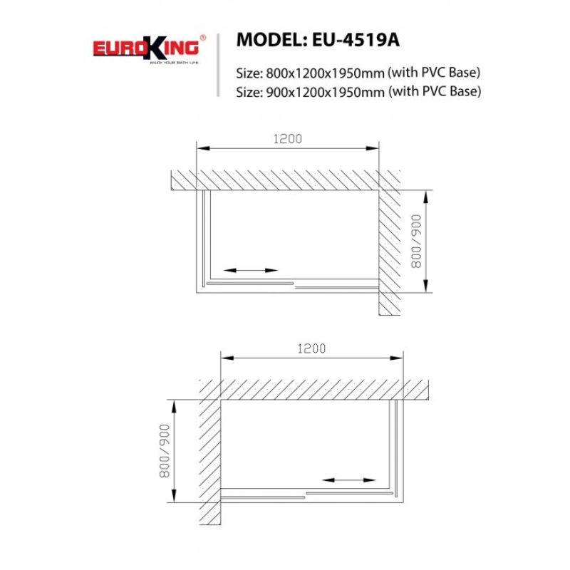 Kích thước phòng tắm vách kính Euroking EU-4519A 800mm Kích thước phòng tắm vách kính Euroking EU-4519A 800mm