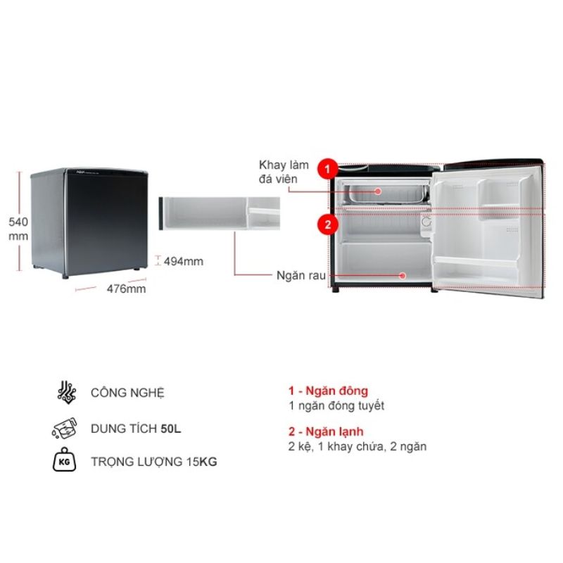Kích thước tủ Lạnh 1 cánh mini 50 Lít Aqua AQR-D59FA (BS) Kích thước tủ Lạnh 1 cánh mini 50 Lít Aqua AQR-D59FA (BS)