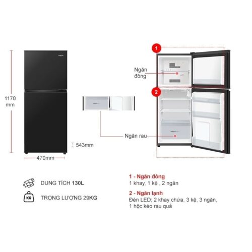 Tủ Lạnh 2 cánh 130 Lít Aqua AQR-T160FA(BS) 4 Kích thước tủ Lạnh 2 cánh 130 Lít Aqua AQR-T160FA(BS)