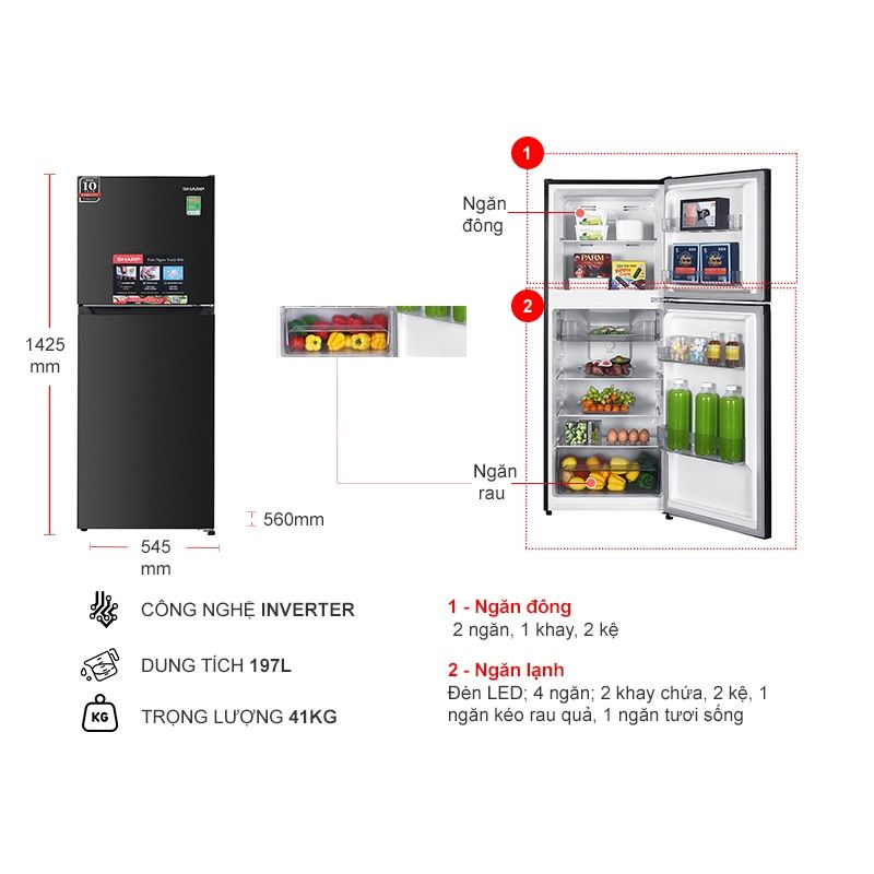 Kích thước tủ Lạnh 2 cánh Inverter 197 Lít Sharp SJ-X215V-DG Kích thước tủ Lạnh 2 cánh Inverter 197 Lít Sharp SJ-X215V-DG
