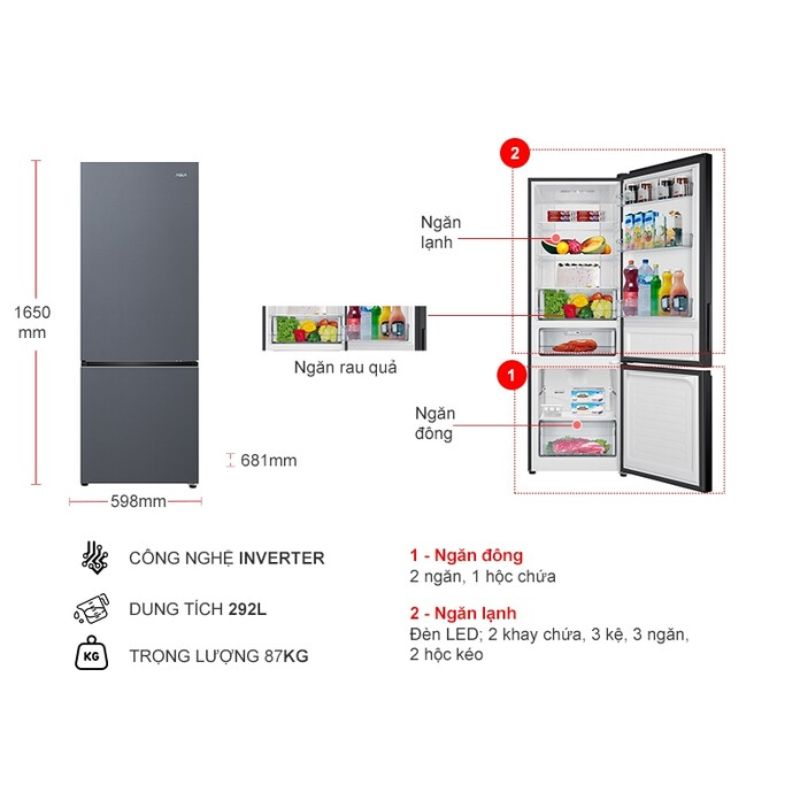 Kích thước tủ Lạnh 2 cánh Inverter 292 Lít Aqua AQR-B360MA(SLB) Kích thước tủ Lạnh 2 cánh Inverter 292 Lít Aqua AQR-B360MA(SLB)