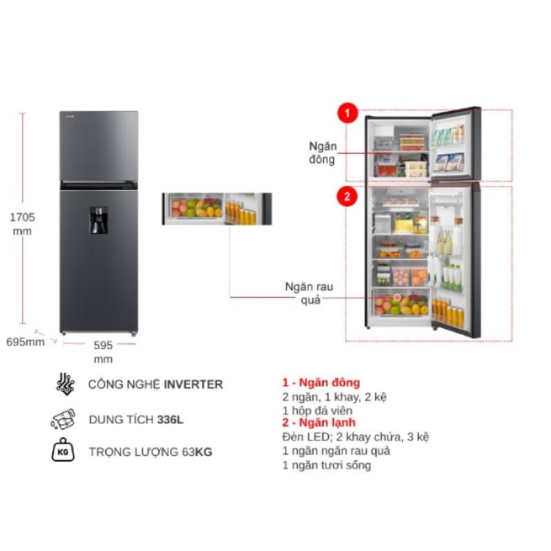 Kích thước tủ Lạnh 2 cánh Inverter 336 lít Toshiba GR-RT435WEA-PMV(06)-MG Kích thước tủ Lạnh 2 cánh Inverter 336 lít Toshiba GR-RT435WEA-PMV(06)-MG