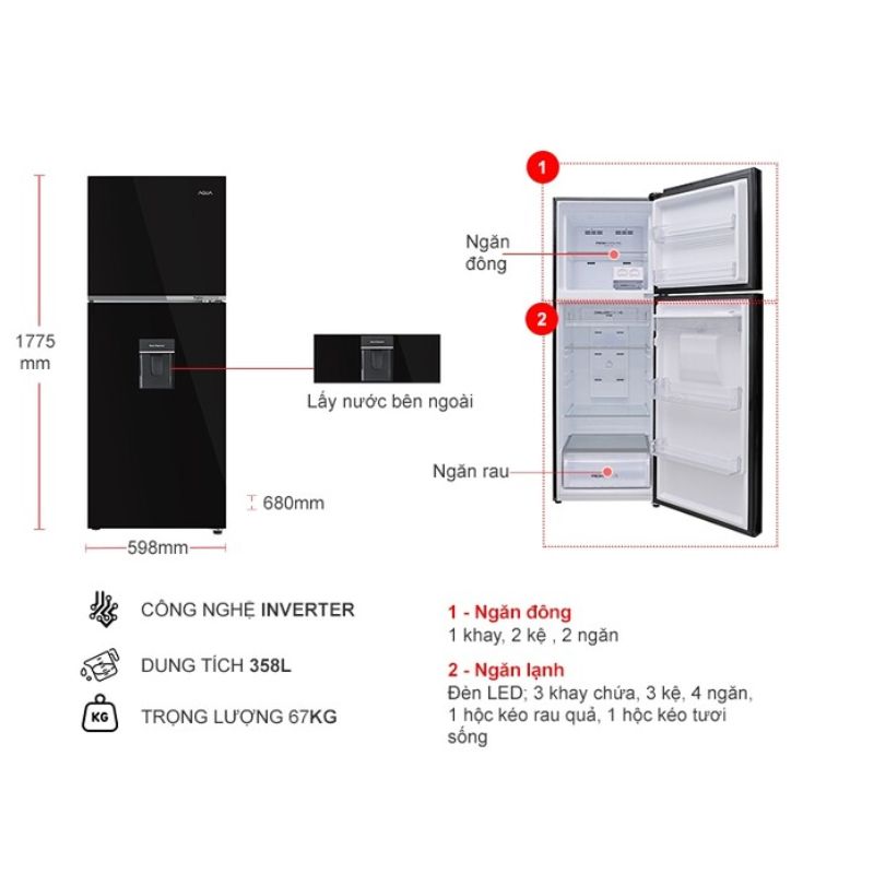 Kích thước tủ Lạnh 2 cánh Inverter 358 Lít Aqua AQR-T410FA(WGB) Kích thước tủ Lạnh 2 cánh Inverter 358 Lít Aqua AQR-T410FA(WGB)