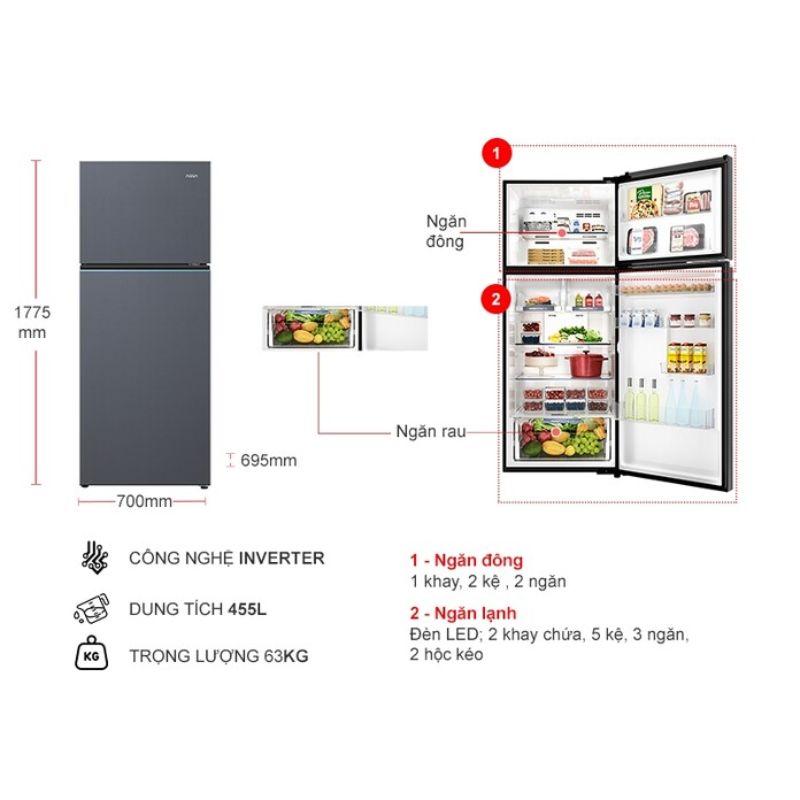 Kích thước tủ Lạnh 2 cánh Inverter 455 Lít Aqua AQR-T518FA(SL) Kích thước tủ Lạnh 2 cánh Inverter 455 Lít Aqua AQR-T518FA(SL)