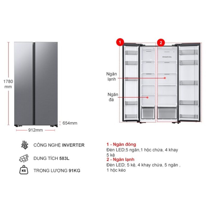 Kích thước tủ lạnh 2 cánh side by side Inverter 583 Lít Samsung RS57DG400EM9SV Kích thước tủ lạnh 2 cánh side by side Inverter 583 Lít Samsung RS57DG400EM9SV