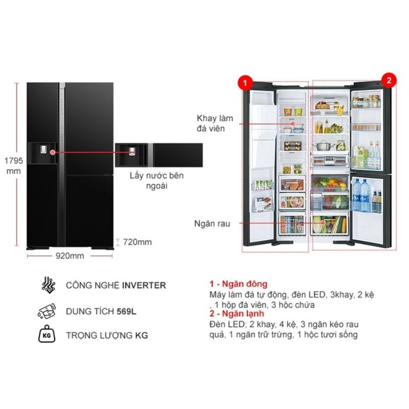 Kích thước tủ Lạnh 3 cánh side by side Inverter 569 Lít Hitachi R-MX800GVGV0 GBK Kích thước tủ Lạnh 3 cánh side by side Inverter 569 Lít Hitachi R-MX800GVGV0 GBK