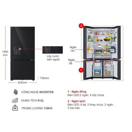 Tủ Lạnh 4 cánh Multi Door Inverter 612 Lít LG LFD61BLGAI 5 Kích thước tủ Lạnh 4 cánh Multi Door Inverter 612 Lít LG LFD61BLGAI