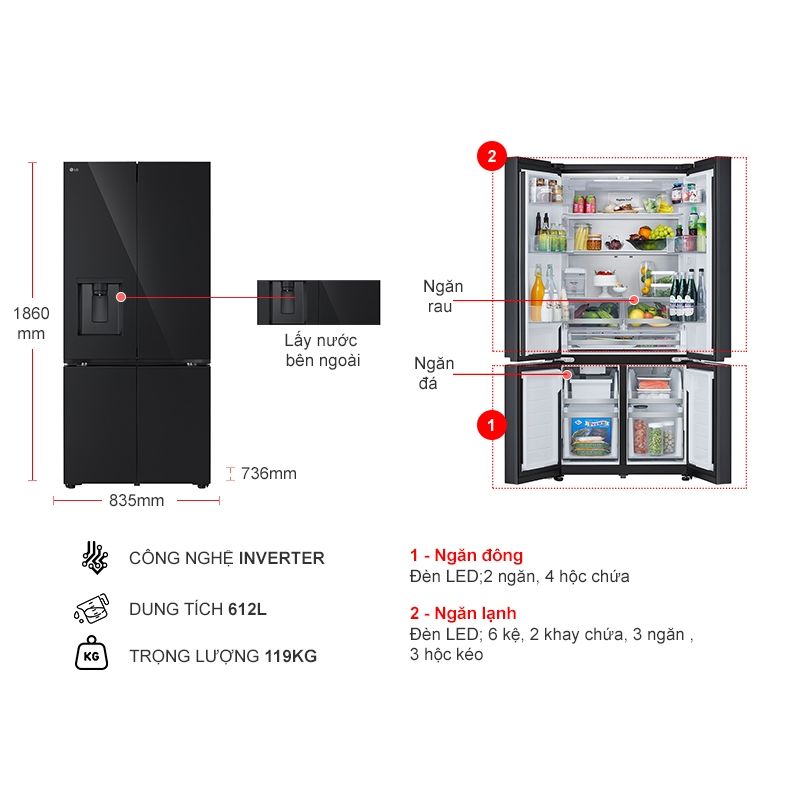 Kích thước tủ Lạnh 4 cánh Multi Door Inverter 612 Lít LG LFD61BLGAI Kích thước tủ Lạnh 4 cánh Multi Door Inverter 612 Lít LG LFD61BLGAI