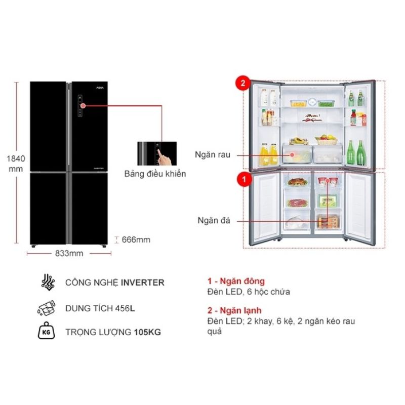 Kích thước tủ Lạnh 4 cánh Multi doors Inverter 456 Lít Aqua AQR-IG525AM (GB) Kích thước tủ Lạnh 4 cánh Multi doors Inverter 456 Lít Aqua AQR-IG525AM (GB)