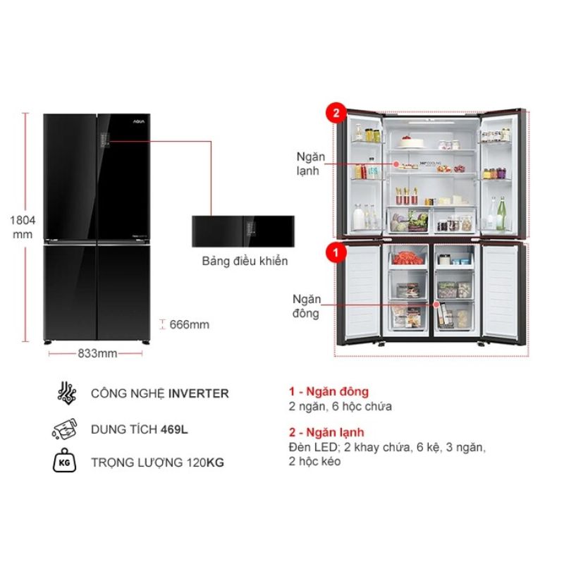 Kích thước tủ Lạnh 4 cánh Multi Doors Inverter 469 Lít Aqua AQR-M536XA(GB) Kích thước tủ Lạnh 4 cánh Multi Doors Inverter 469 Lít Aqua AQR-M536XA(GB)
