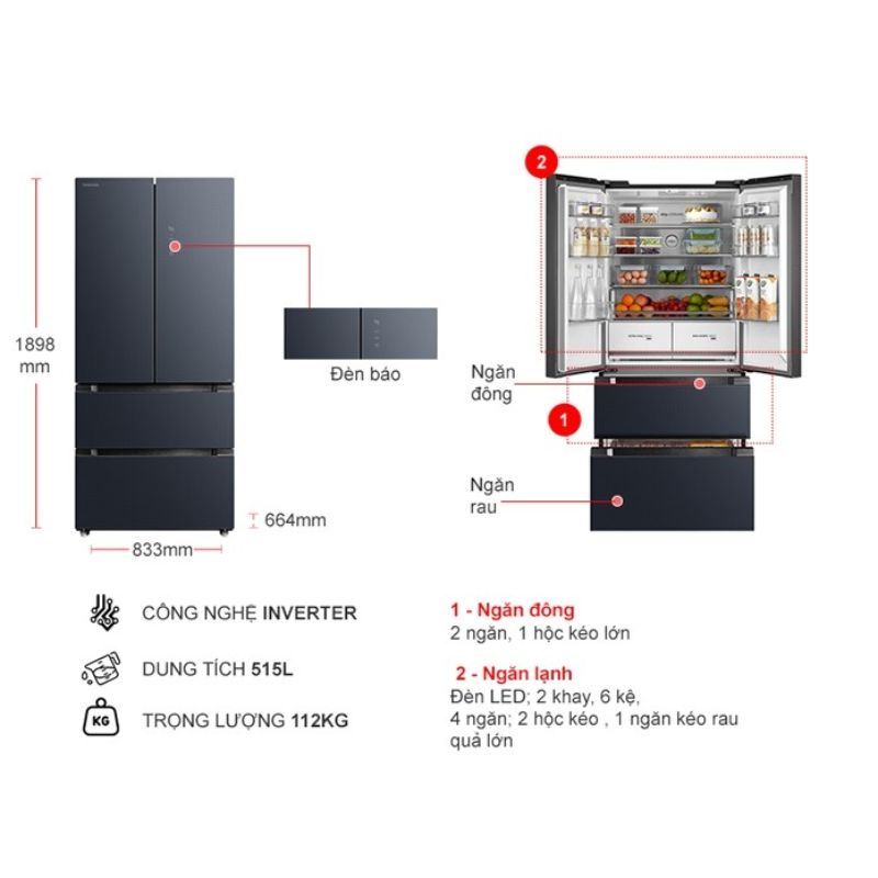 Kích thước tủ Lạnh 4 cánh Multi doors Inverter 515 Lít Toshiba GR-RF669WI-PGV(A9)-BG Kích thước tủ Lạnh 4 cánh Multi doors Inverter 515 Lít Toshiba GR-RF669WI-PGV(A9)-BG