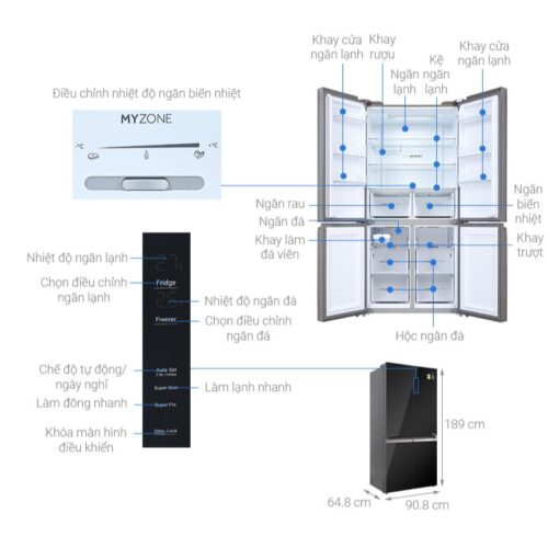 Tủ Lạnh 4 cánh Multi Doors Inverter 549 Lít Aqua AQR-IG636FM (GB) 4 Kích thước tủ Lạnh 4 cánh Multi Doors Inverter 549 Lít Aqua AQR-IG636FM (GB)