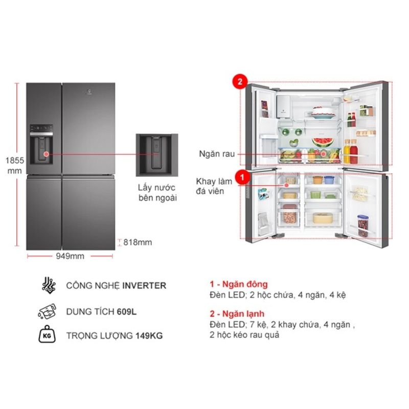 Kích thước tủ Lạnh 4 cánh Multi Doors Inverter 609 Lít Electrolux EQE6879A-B Kích thước tủ Lạnh 4 cánh Multi Doors Inverter 609 Lít Electrolux EQE6879A-B