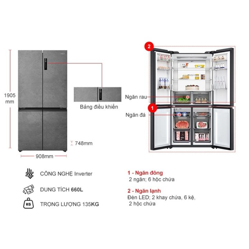 Kích thước tủ Lạnh 4 cánh Multi Doors Inverter 660 Lít Aqua AQR-M727XA(GS)U1 Kích thước tủ Lạnh 4 cánh Multi Doors Inverter 660 Lít Aqua AQR-M727XA(GS)U1