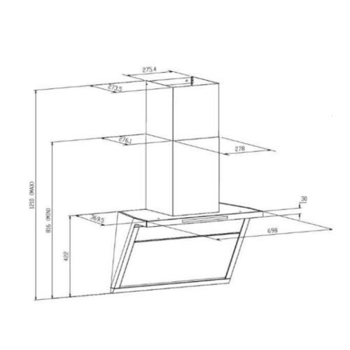 Máy hút mùi áp tường GrandX GX H70T88G 3 Kích thước máy hút mùi áp tường GrandX GX H70T88G