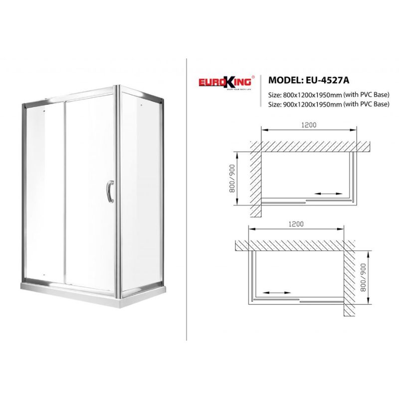 Kích thước phòng tắm vách kính Euroking EU-4527A 900mm Kích thước phòng tắm vách kính Euroking EU-4527A 900mm