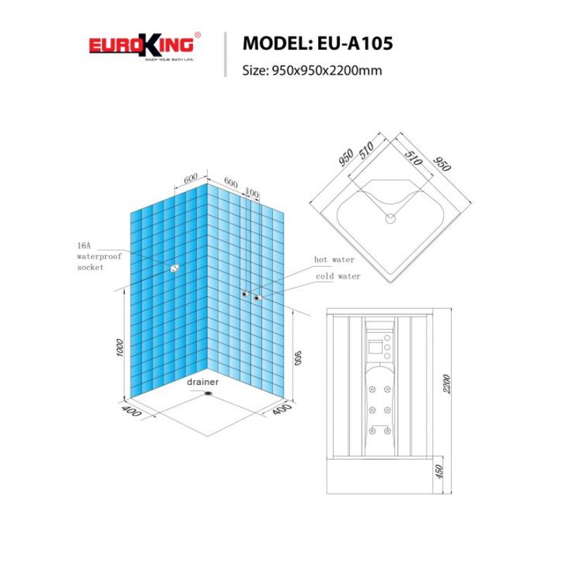Kích thước phòng xông hơi Euroking EU-A105 Black Kích thước phòng xông hơi Euroking EU-A105 Black
