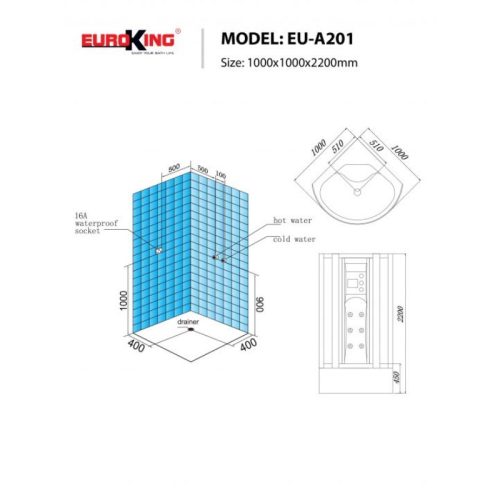 Kích thước phòng xông hơi Euroking EU-A201 White