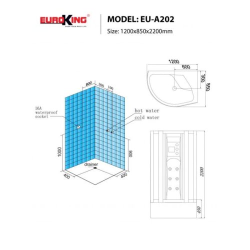 Kích thước phòng xông hơi Euroking EU-A202 White