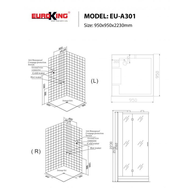 Kích thước phòng xông hơi Euroking EU-A301 Kích thước phòng xông hơi Euroking EU-A301