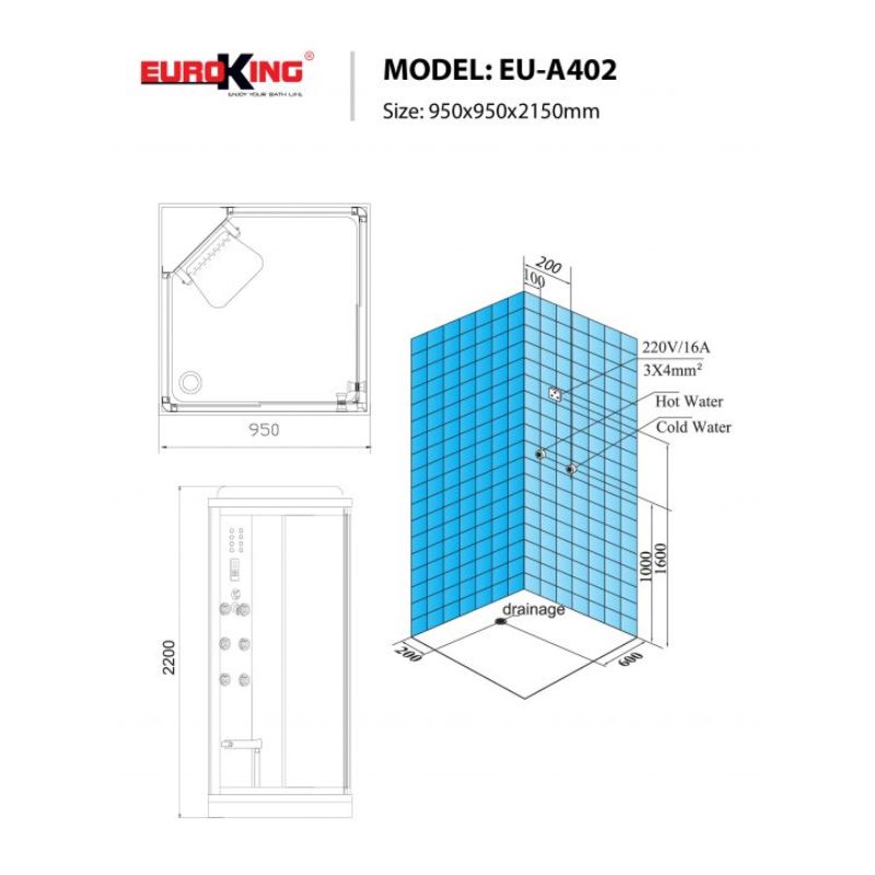 Kích thước phòng xông hơi Euroking EU-A402 Kích thước phòng xông hơi Euroking EU-A402