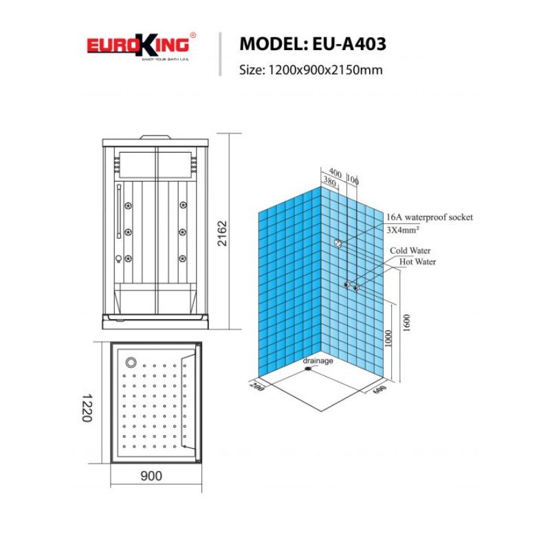 Kích thước phòng xông hơi Euroking EU-A403 Kích thước phòng xông hơi Euroking EU-A403