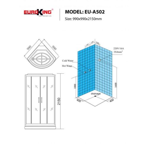 Phòng xông hơi Euroking EU-A502 3 Kích thước phòng xông hơi Euroking EU-A502