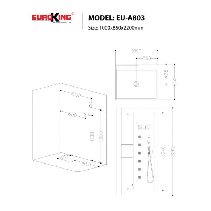 Kích thước phòng xông hơi EuroKing EU-A803 Kích thước phòng xông hơi EuroKing EU-A803