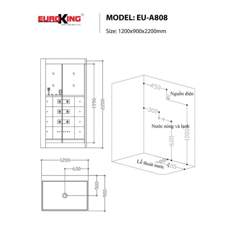 Kích thước phòng xông hơi EuroKing EU-A808 Kích thước phòng xông hơi EuroKing EU-A808
