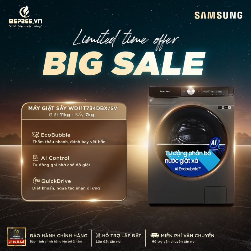 Big sale Máy Giặt Sấy Samsung Inverter AI Giặt 11 Kg - Sấy 7 Kg WD11T734DBX/SV Big sale Máy Giặt Sấy Samsung Inverter AI Giặt 11 Kg - Sấy 7 Kg WD11T734DBX/SV