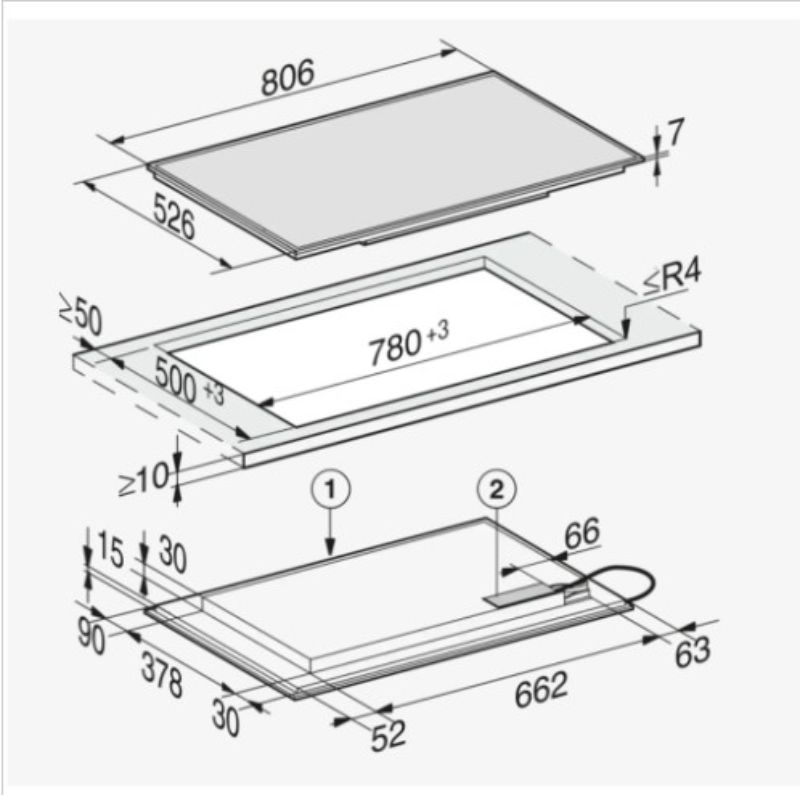 Kích thước bếp từ đa điểm Miele 6 vùng nấu KM 7575 FL lắp âm Kích thước bếp từ đa điểm Miele 6 vùng nấu KM 7575 FL lắp âm