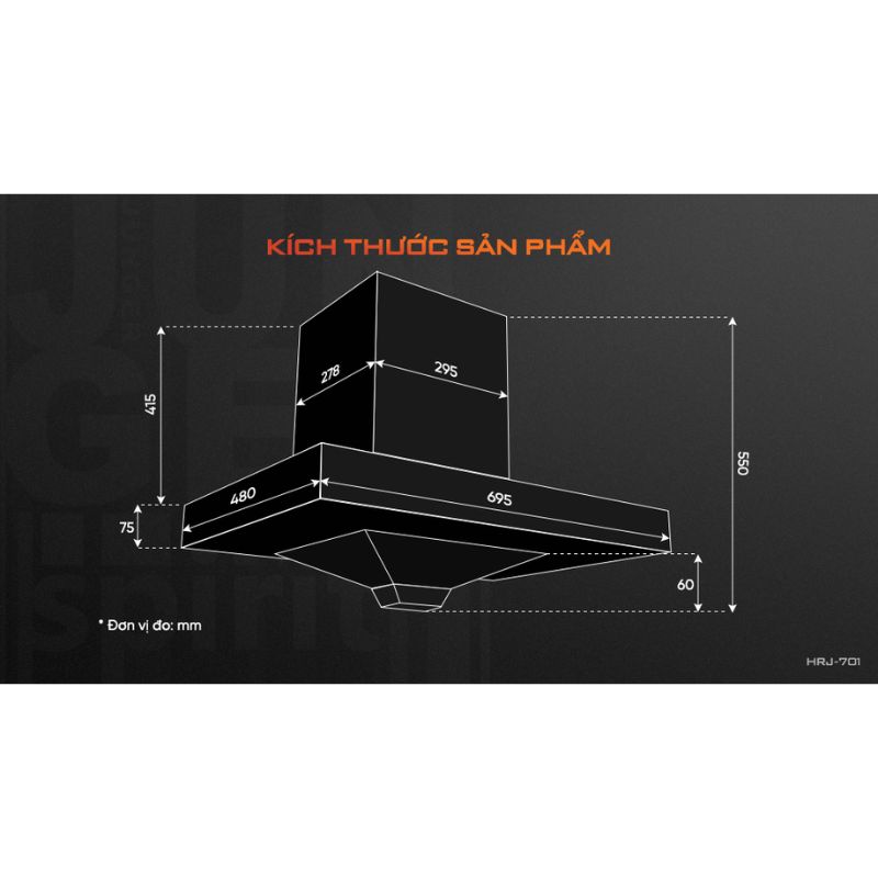 Kích thước máy hút mùi âm tủ Junger HRJ-701 Black Kích thước máy hút mùi âm tủ Junger HRJ-701 Black