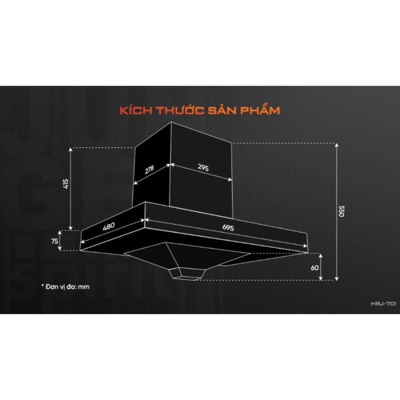 Kích thước máy hút mùi áp tường Junger HRJ-701 Silver Kích thước máy hút mùi áp tường Junger HRJ-701 Silver