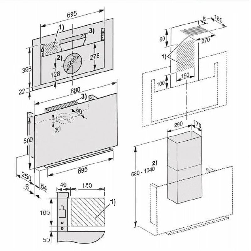 Kích thước máy hút mùi treo tường Miele DA 9092 W Kích thước máy hút mùi treo tường Miele DA 9092 W
