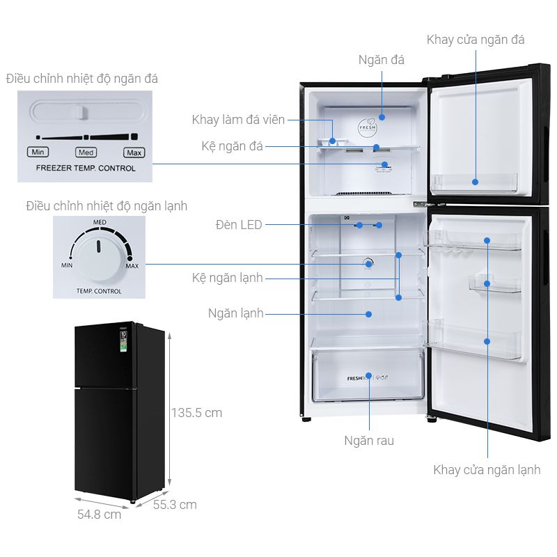 Kích thước tủ lạnh Aqua Inverter 189 lít AQR-T220FA(FB) Kích thước tủ lạnh Aqua Inverter 189 lít AQR-T220FA(FB)