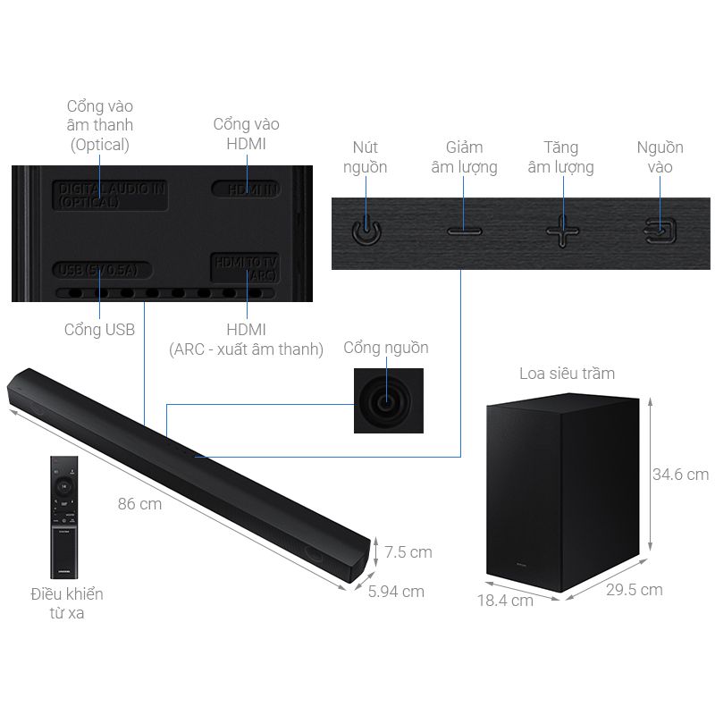 Kích thước bộ loa thanh Samsung HW-B550/XV 410W Kích thước bộ loa thanh Samsung HW-B550/XV 410W