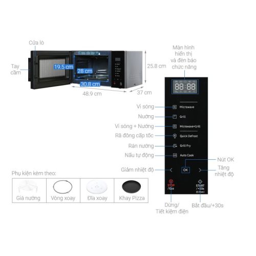 Lò vi sóng có nướng Samsung MG23T5018CK/SV 23 Lít 5 Kích Thước Lò vi sóng có nướng Samsung MG23T5018CK/SV 23 Lít