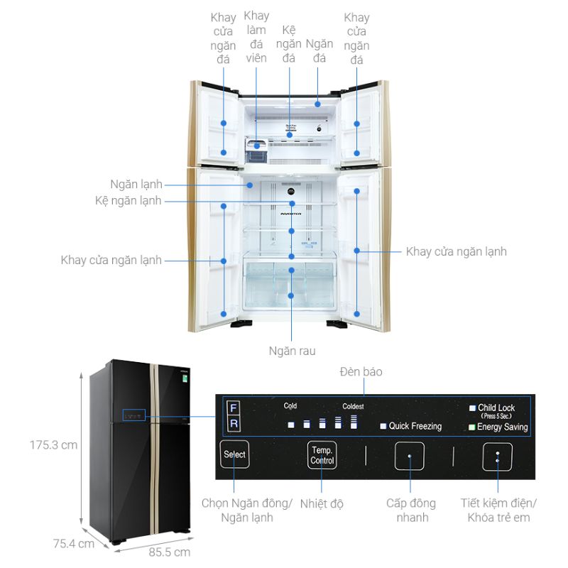 Kích thước tủ lạnh Hitachi Inverter 509 lít R-FW650PGV8 GBK Kích thước tủ lạnh Hitachi Inverter 509 lít R-FW650PGV8 GBK