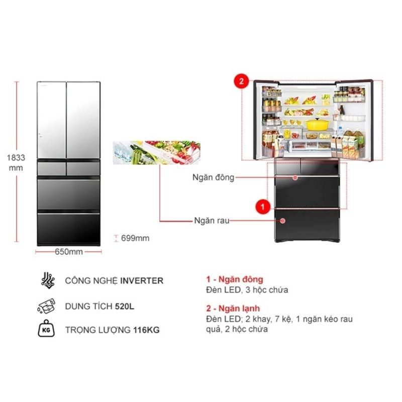 Kích thước tủ lạnh Hitachi Inverter 520 lít R-HW530NV X Kích thước tủ lạnh Hitachi Inverter 520 lít R-HW530NV X