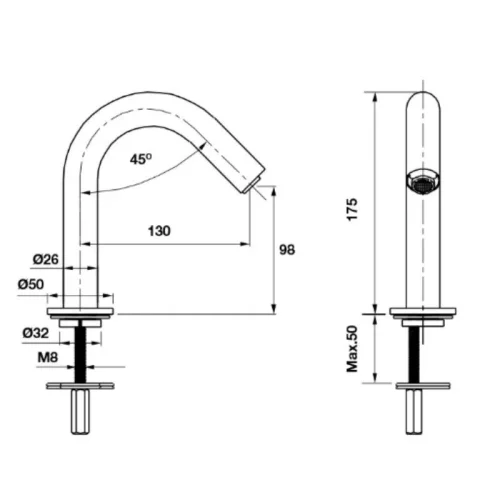 Kích thước vòi rửa tay tự động H-175 Hafele 589.63.061